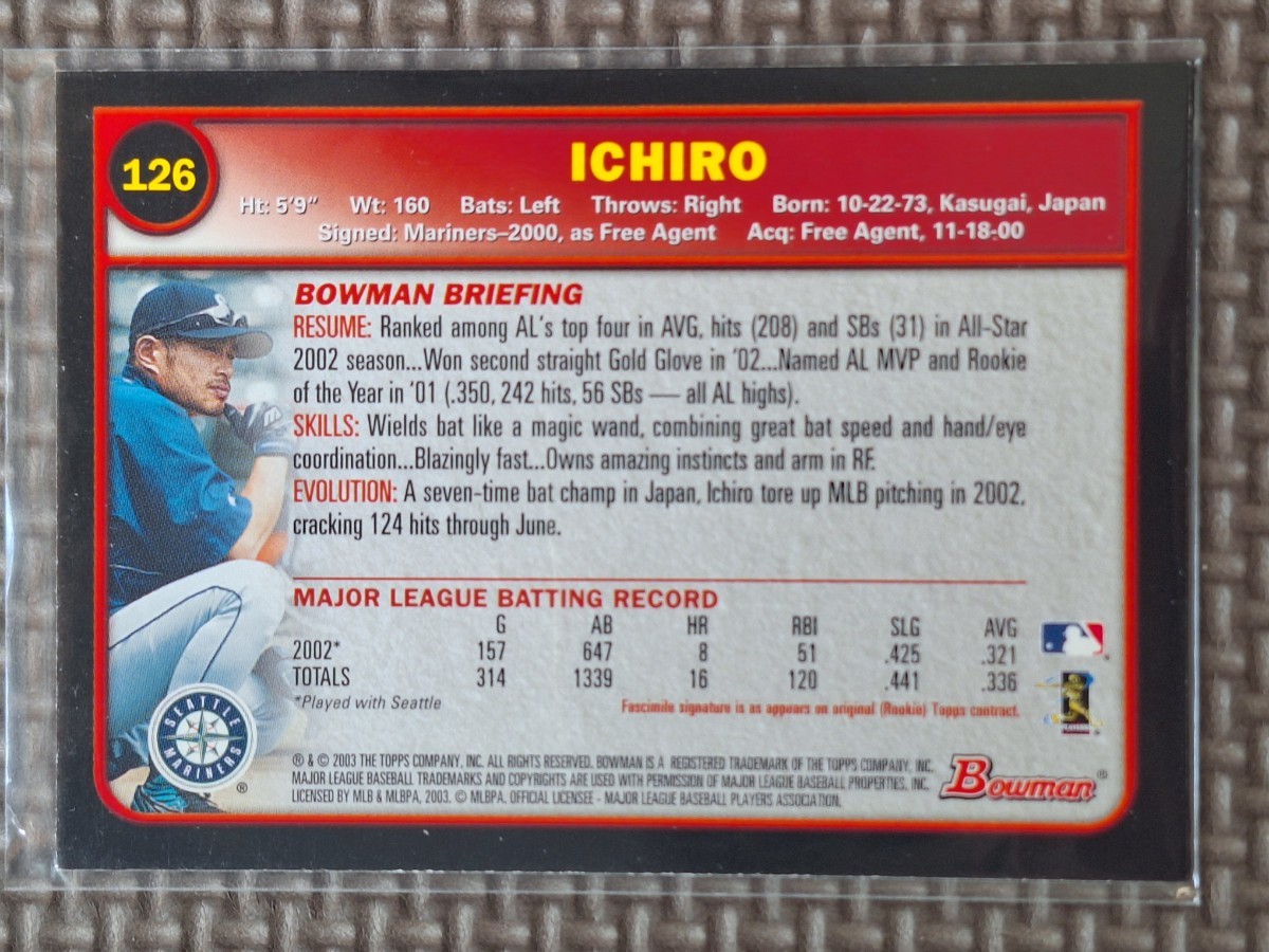 2003 Bowman #126 ICHIRO SUZUKI Seattle Mariners Orix Blue Wave_画像2