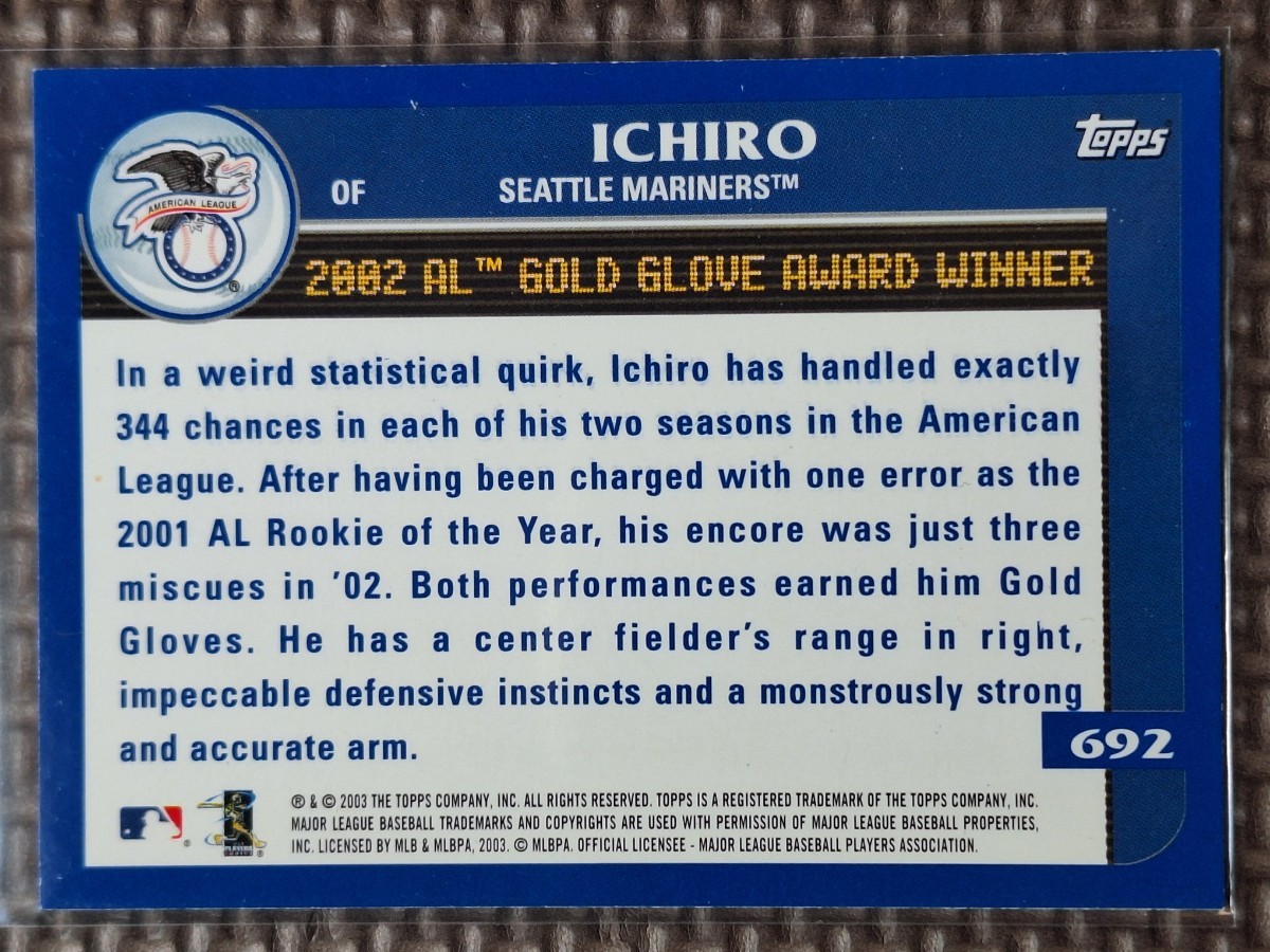 2003 Topps #692 ICHIRO SUZUKI AL Gold Glove Award Winner Seattle Mariners Orix Blue Wave_画像2