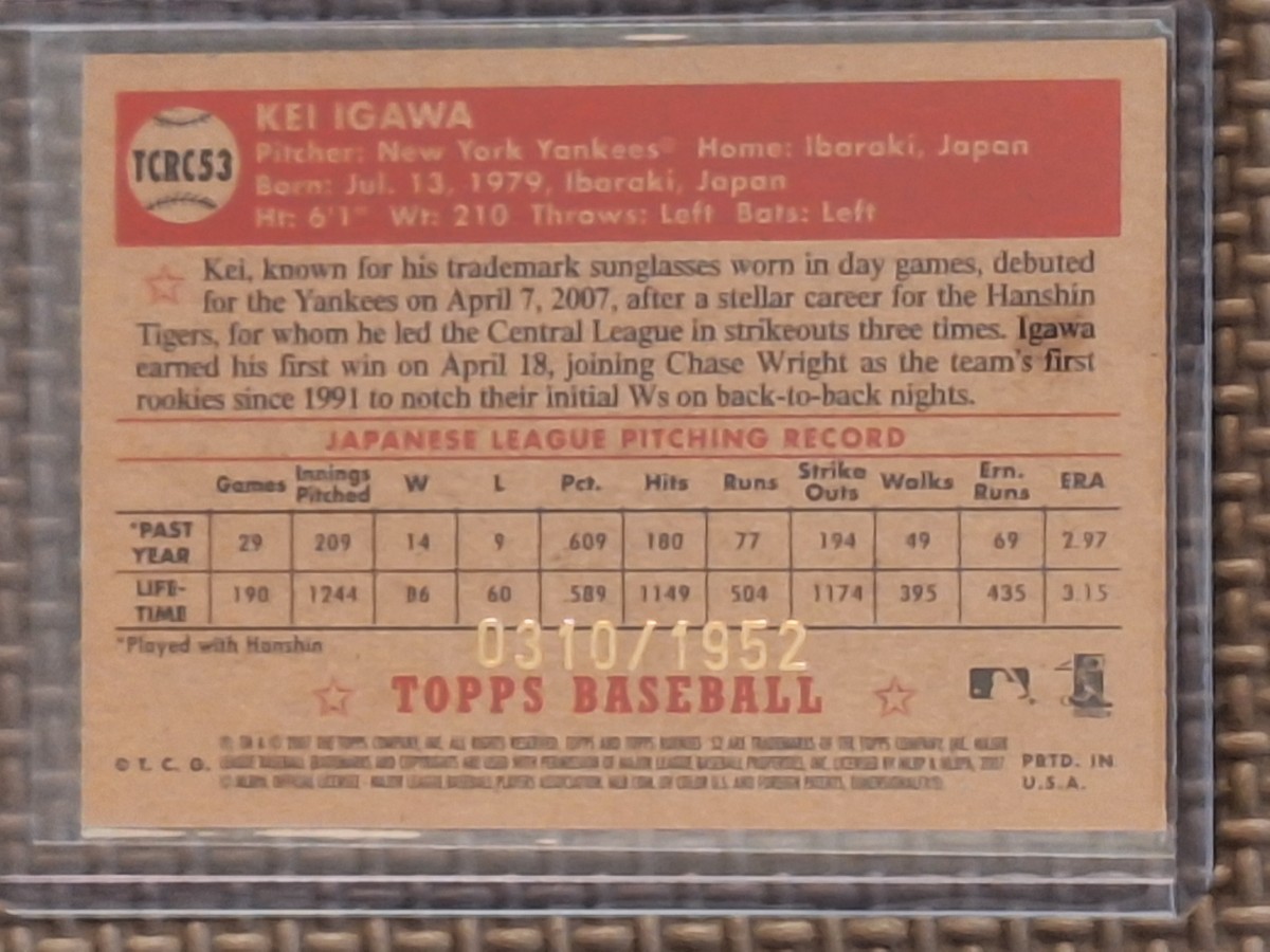 2007 Topps '52 Chrome #46 KEI IGAWA RC 0310/1952 New York Yankees Hanshin Tigers_画像2