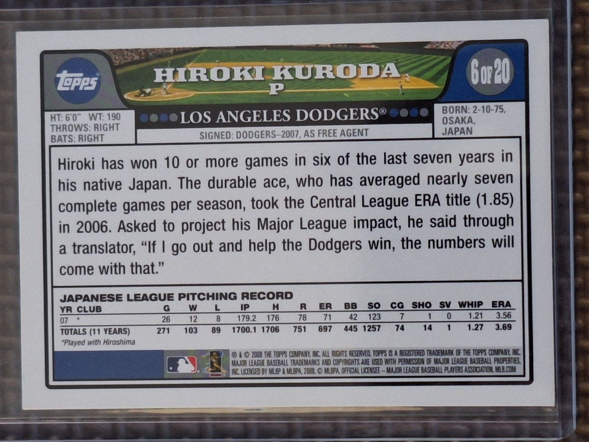 2008 Topps #6 Of 20 HIROKI KURODA RC Los Angeles Dodgers Hiroshima Toyo Carpの画像2