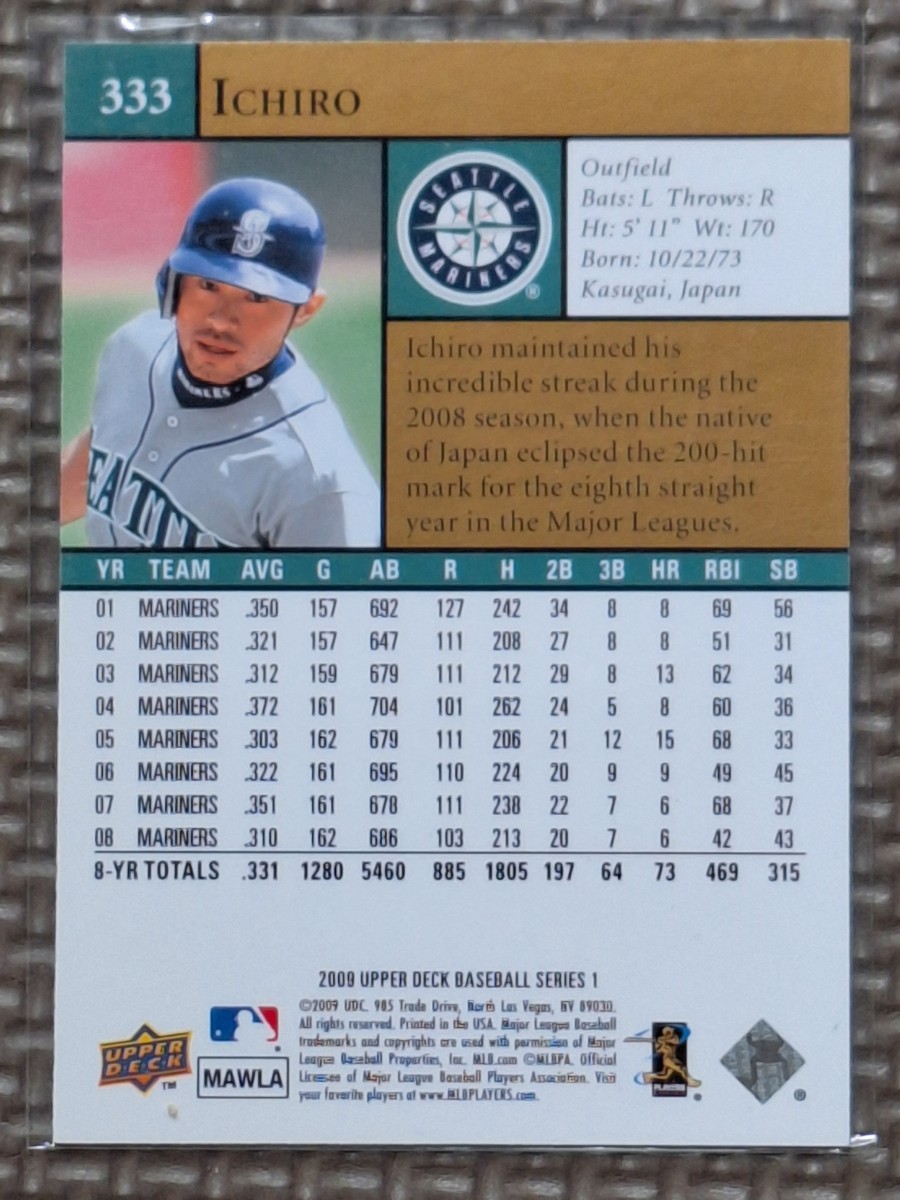 2009 Upper Deck Series 1 #333 ICHIRO SUZUKI Seattle Mariners Orix Blue Wave_画像2