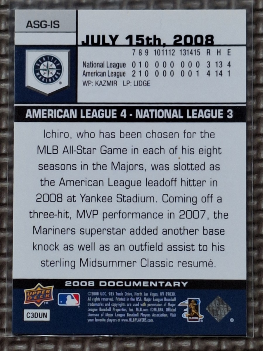 2008 Upper Deck Documentary #ASG-IS ICHIRO SUZUKI All-Star Game Seattle Mariners Orix Blue Wave_画像2