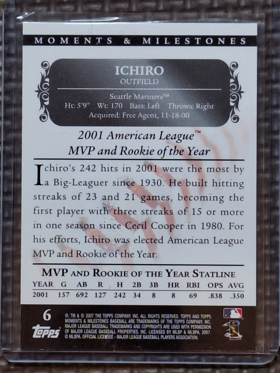 2007 Topps Moments & Milestones #6 ICHIRO SUZUKI 71 Hits 086/150 Seattle Mariners Orix Blue Wave_画像3