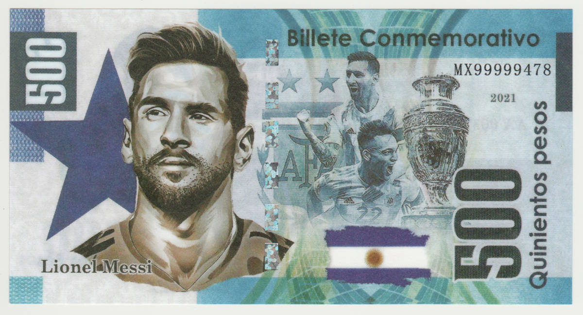 アルゼンチン 500ペソ ワールドカップスター メッシ記念鑑賞幣 2021年 コレクション ピン札　A02_画像1