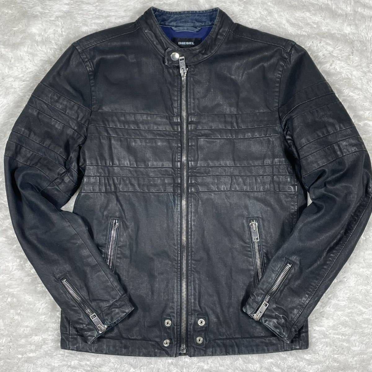 L相当◎ 美品 DIESEL ディーゼル デニム シングル ライダース ジャケット ブルゾン Gジャン ダメージ加工 ブラック 裏地 青 メンズ _画像2