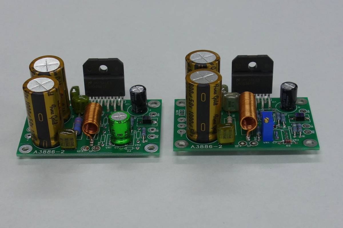 LM3886TF採用オーディオパワーアンプ自作用プリント基板（DCアンプ構成，パラレル/ブリッジ構成可）_左：標準回路、右：DCアンプ　構成例