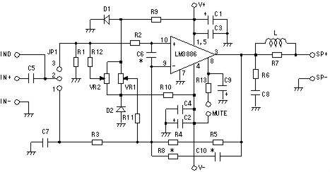 LM3886TF採用オーディオパワーアンプ自作用プリント基板（DCアンプ構成，パラレル/ブリッジ構成可）_基板内回路