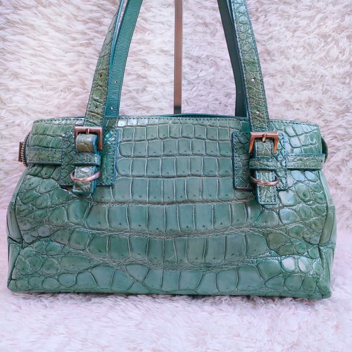  rare JRA recognition genuine article real crocodile wani leather shining emerald green green handbag shoulder 2way exotic leather gloss 