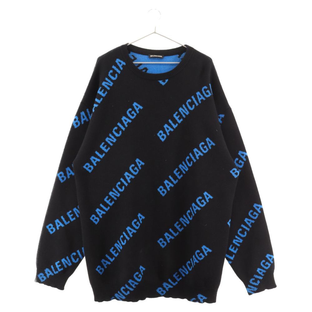 バレンシアガ 20AW 625970 T3178 総柄ロゴ オーバーサイズ クルーネックセーター 長袖セーター ニット ブラック/ブルー