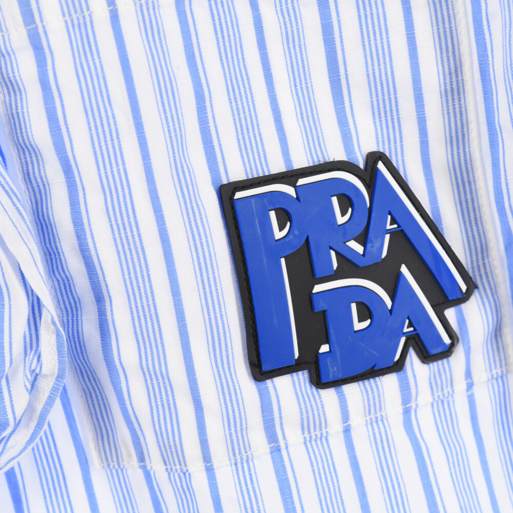 PRADA プラダ 19SS フロントフリルデザイン ラバーロゴデザインストライプシャツ ワンピース ブルー レディース P37T7_画像3