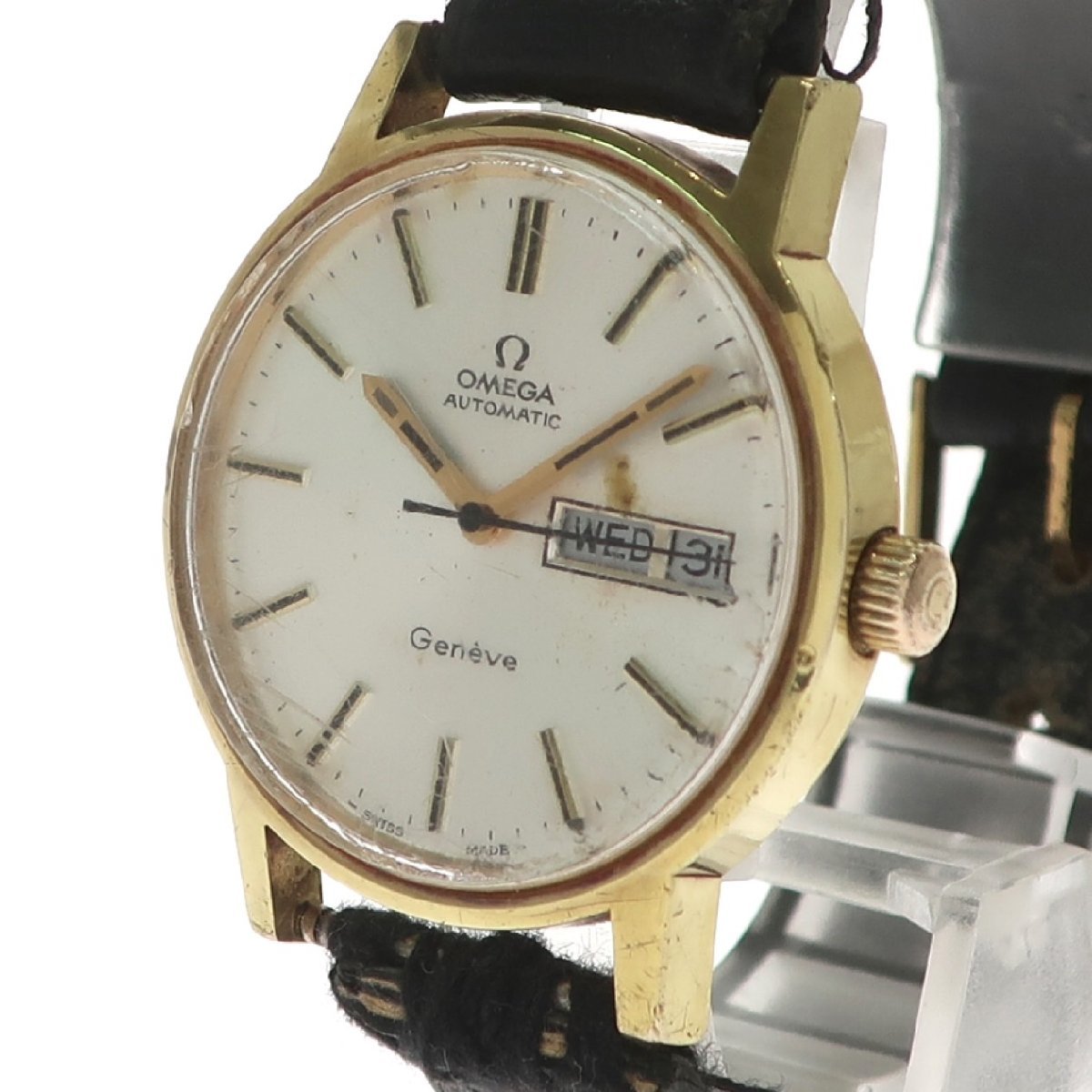 1円スタート 稼動品 OMEGA オメガ Geneve ジュネーブ 自動巻き AT デイデイト ラウンド 3針 革ベルト 純正尾錠 ゴールド シルバー文字盤の画像2