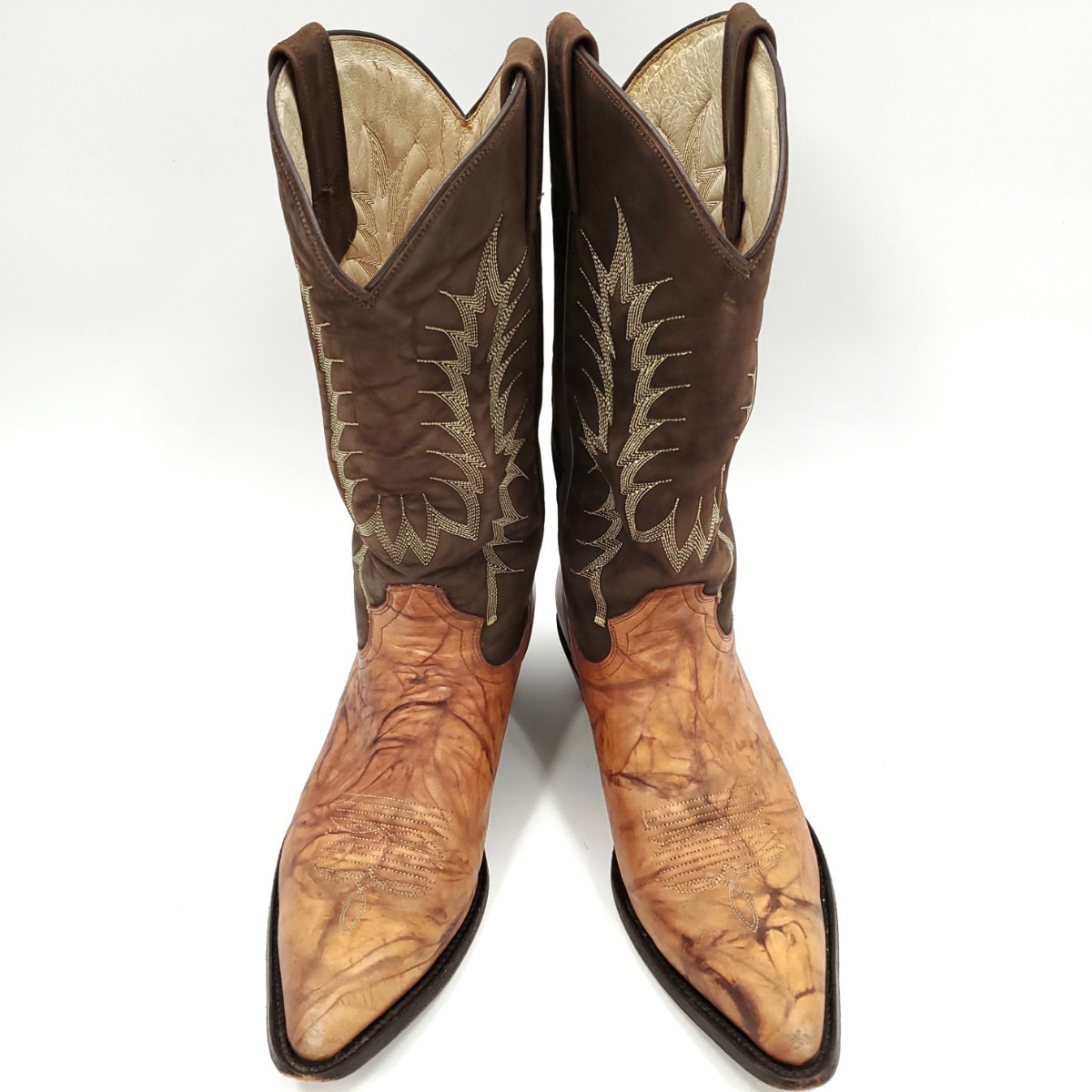  superior article Mexico made *Rancho* approximately 26.5cm leather western boots tea marble US8.5EE men's original leather Rancho real leather long kau Boy lai DIN gSZS62