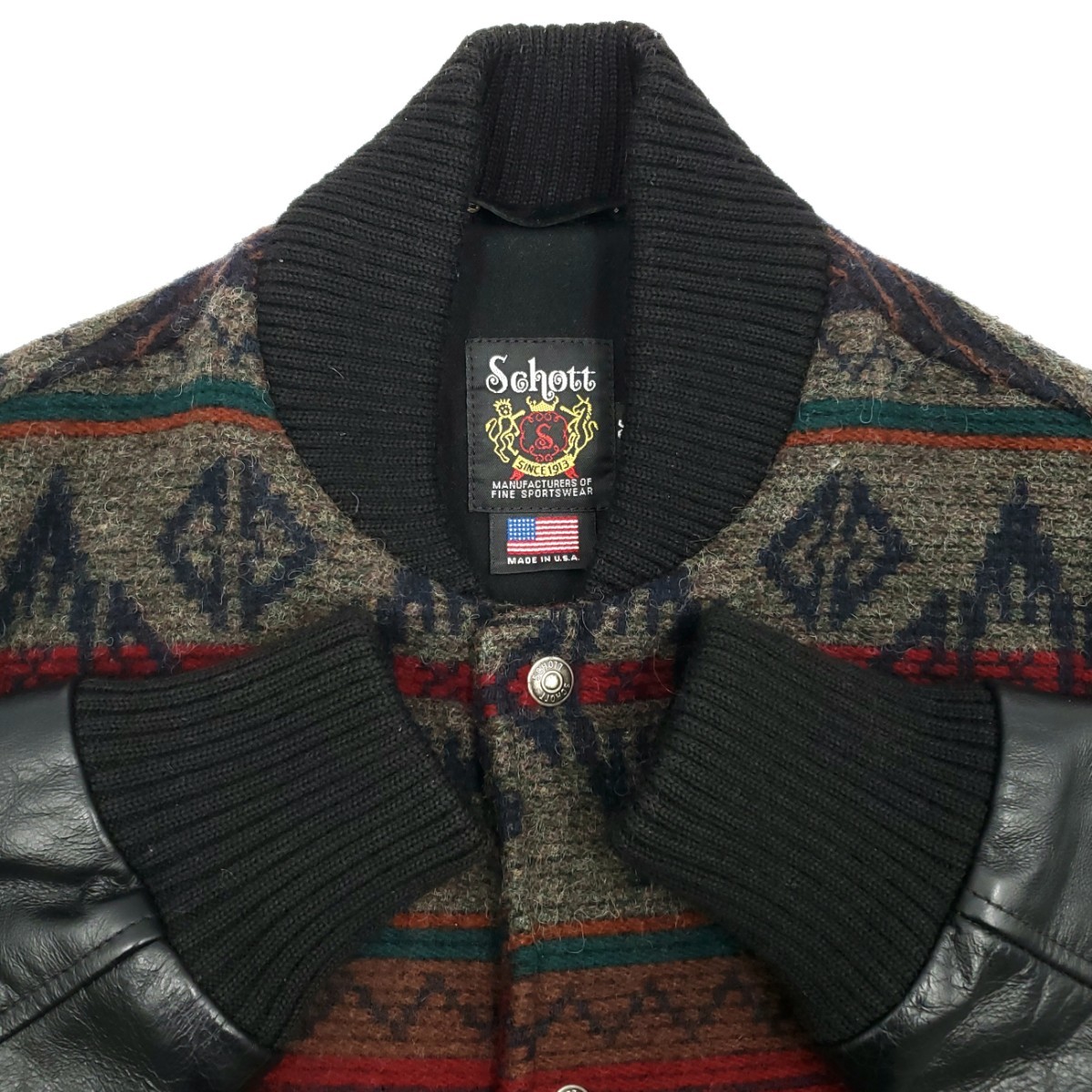 ウールリッチ別注USA製 Schott 36レザーアームスタジャン黒 ウールリッチ別注USA製 Schott 36レザーアームスタジャン黒