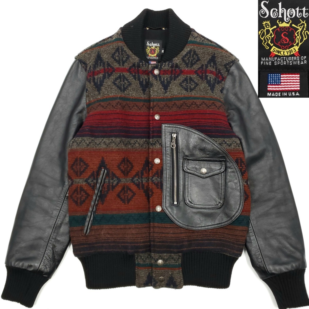 ウールリッチ別注USA製 Schott 36レザーアームスタジャン黒 ウールリッチ別注USA製 Schott 36レザーアームスタジャン黒