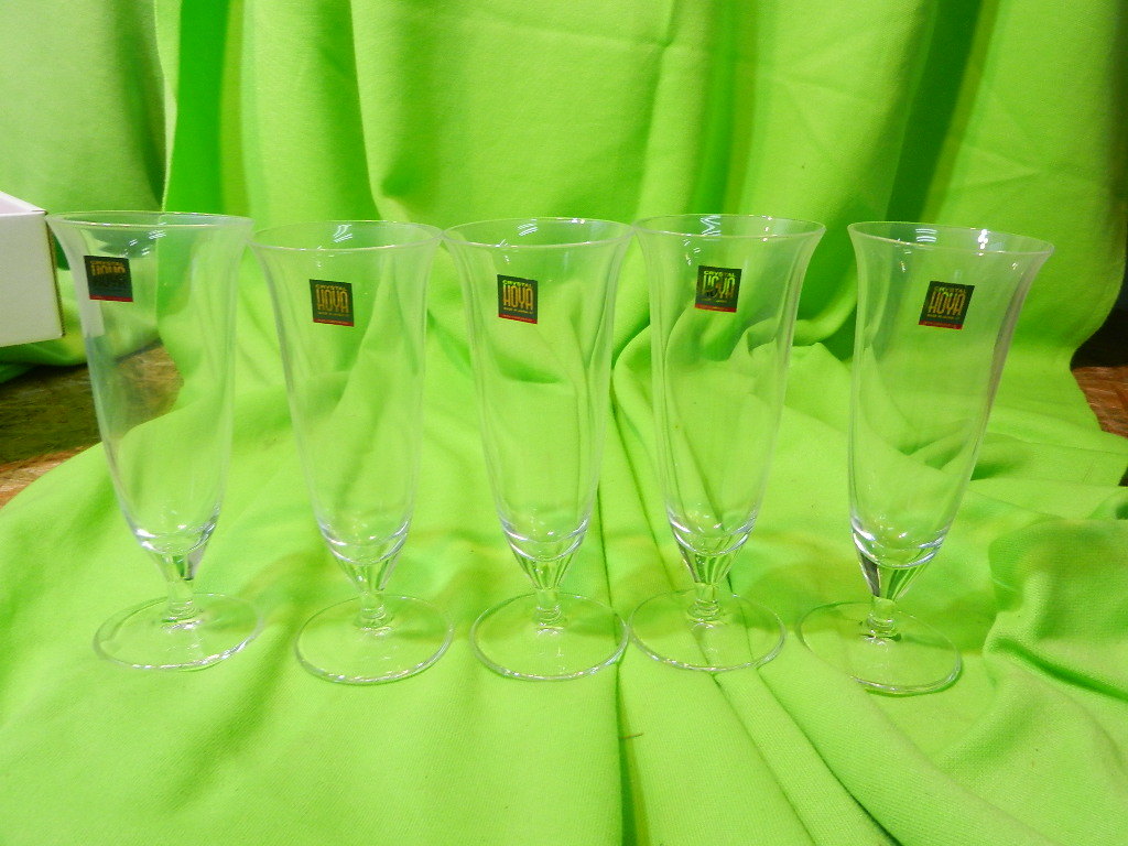 w240202-013A4 HOYAクリスタル 麦酒杯 ビールグラス 5客 高さ15cm 箱付 サワーグラス ホヤ 昭和レトロ クリスタルガラス 日本の画像3
