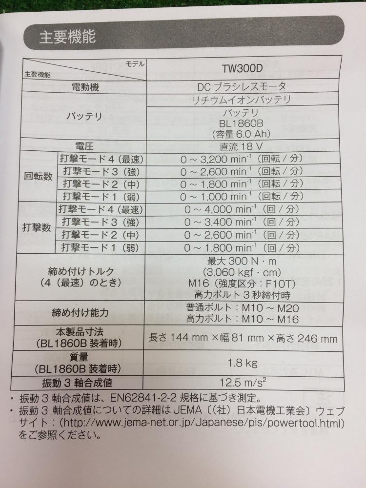 003☆未使用品・即決価格☆マキタ makita 充電式インパクトレンチ TW300DRGX 18V6.0Ahバッテリ2個 最大締付300Nm_画像4