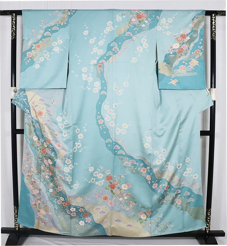 訪問着 袷 正絹 薄緑 グレー オシドリ 松竹梅 桜 菊 菖蒲 Mサイズ ki29094 美品 ほうもんぎ houmongi レディース フォーマル 送料込み_画像4