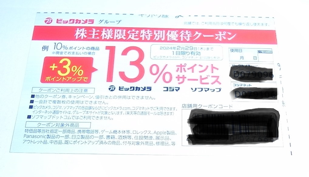 ビックカメラ 株主優待」 特別優待クーポン(（例）10％ポイントの商品、3％ポイントアップで13％ポイントサービス) 期限2024年2月29日_画像1