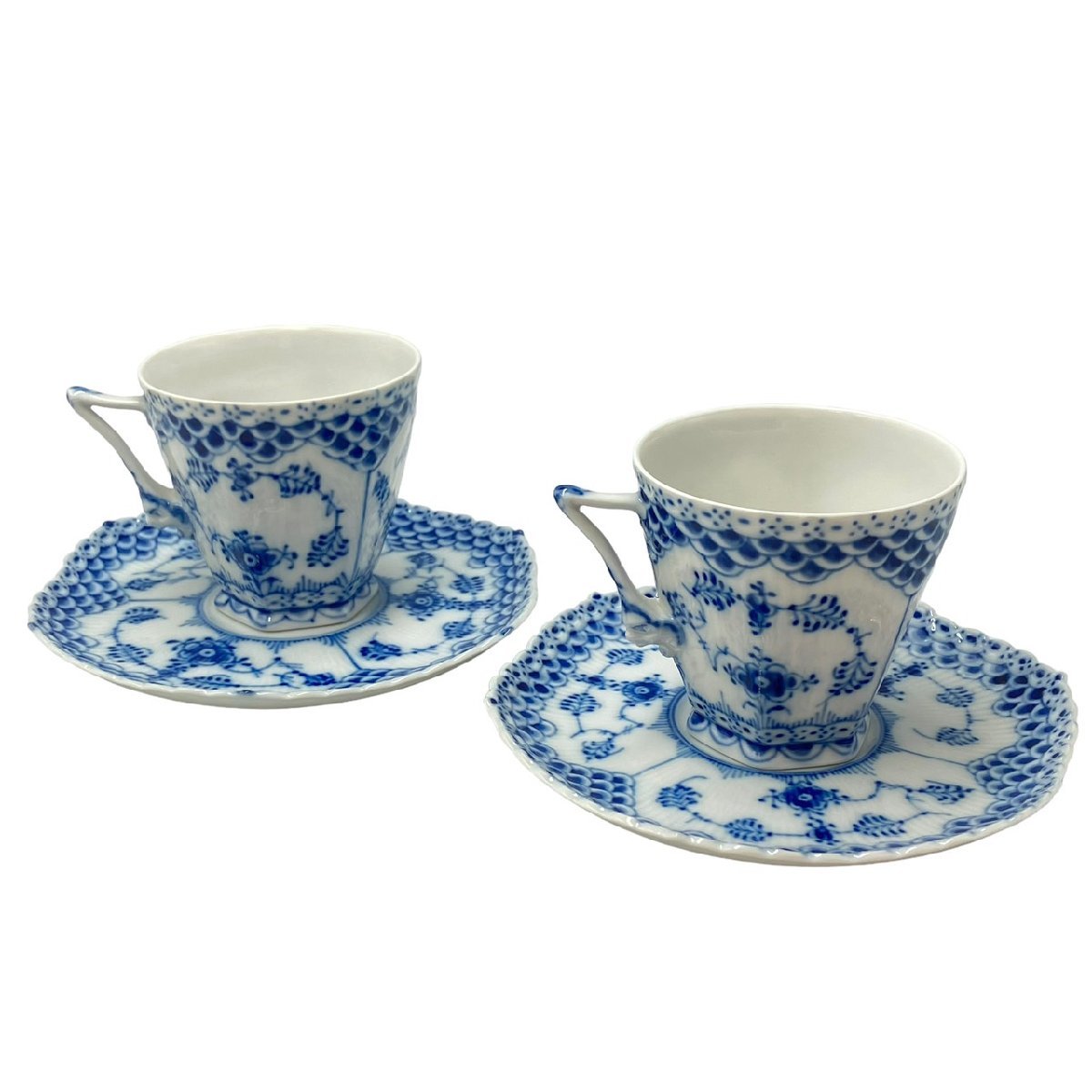 ★ Royal Copenhagen ロイヤルコペンハーゲン フルーテッド フルレース 顔つき コーヒーカップ＆ソーサー ブルー 2客セット_画像2