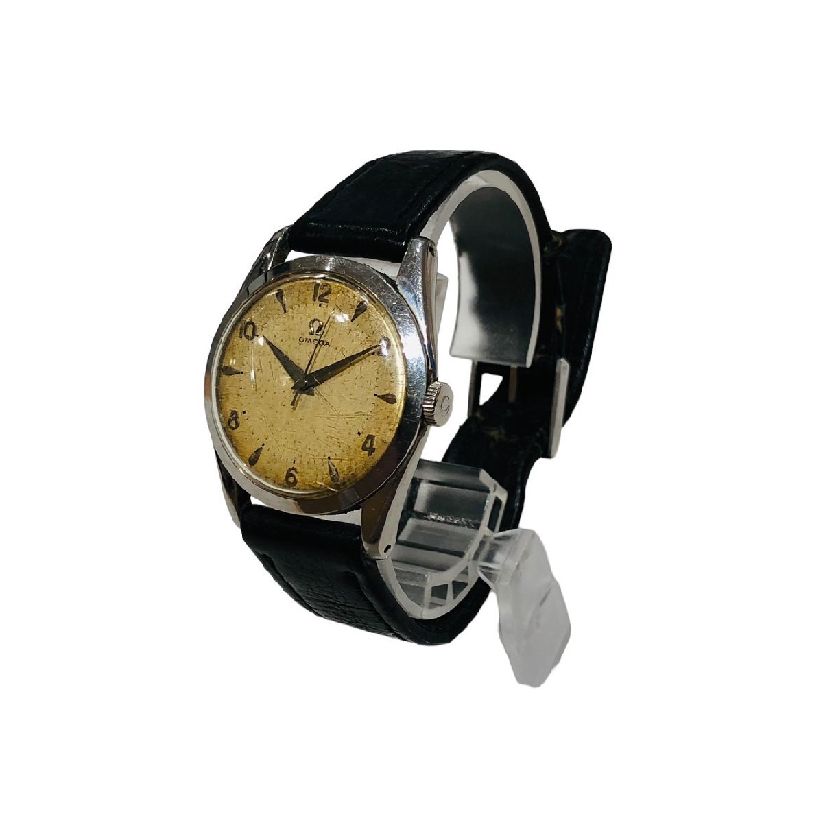 OMEGA オメガ cal.283 腕時計 アンティークウォッチ ラウンドフェイス 文字盤ゴールド 手巻き メンズ ベルト黒