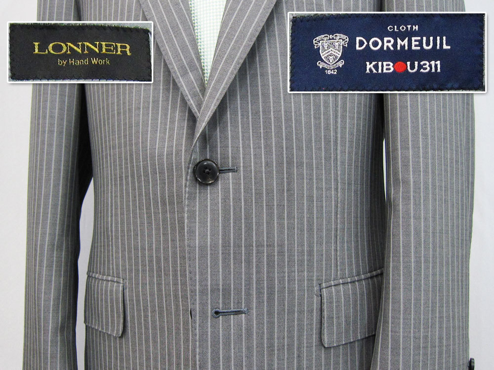 7350春夏【DORMEUIL×LONNER】日本製スーツ46C=AB5(身長170胴囲86)シルバーグレー系縞/仏ドーメルSuper100生地/標準/137500円/アウトレット_画像9