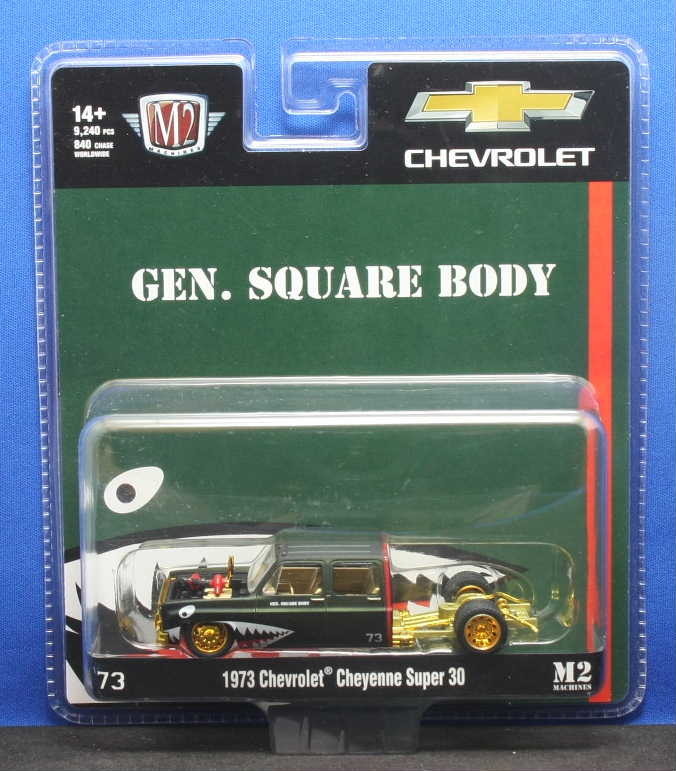 1/64 M2マシーン チェイスカー 1973 Chevrolet Cheyenne Super 30（Medium Green Primer）グリーン&ゴールド シャークマウス