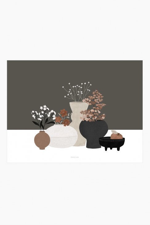 MICUSH | POTTERY AND FLOWERS (dark brown) | アートプリント/ポスター (30x40cm)【北欧 シンプル インテリア おしゃれ】_画像1