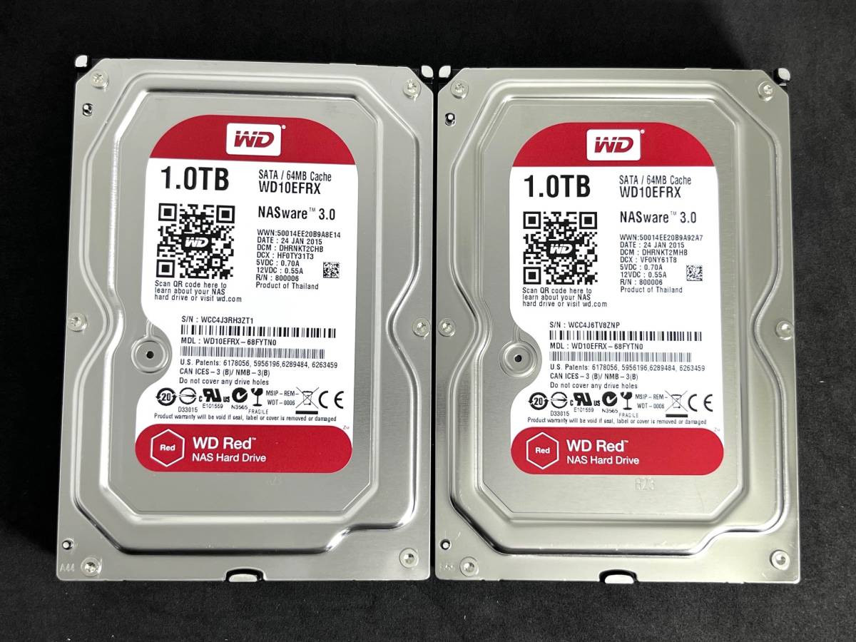 【送料無料】　2個セット　★ 1TB ★　WD10EFRX　/　WD Red　【使用時間：104 ｈ＆ 104 ｈ】　2015年製　Western Digital RED　稼働極少_画像1