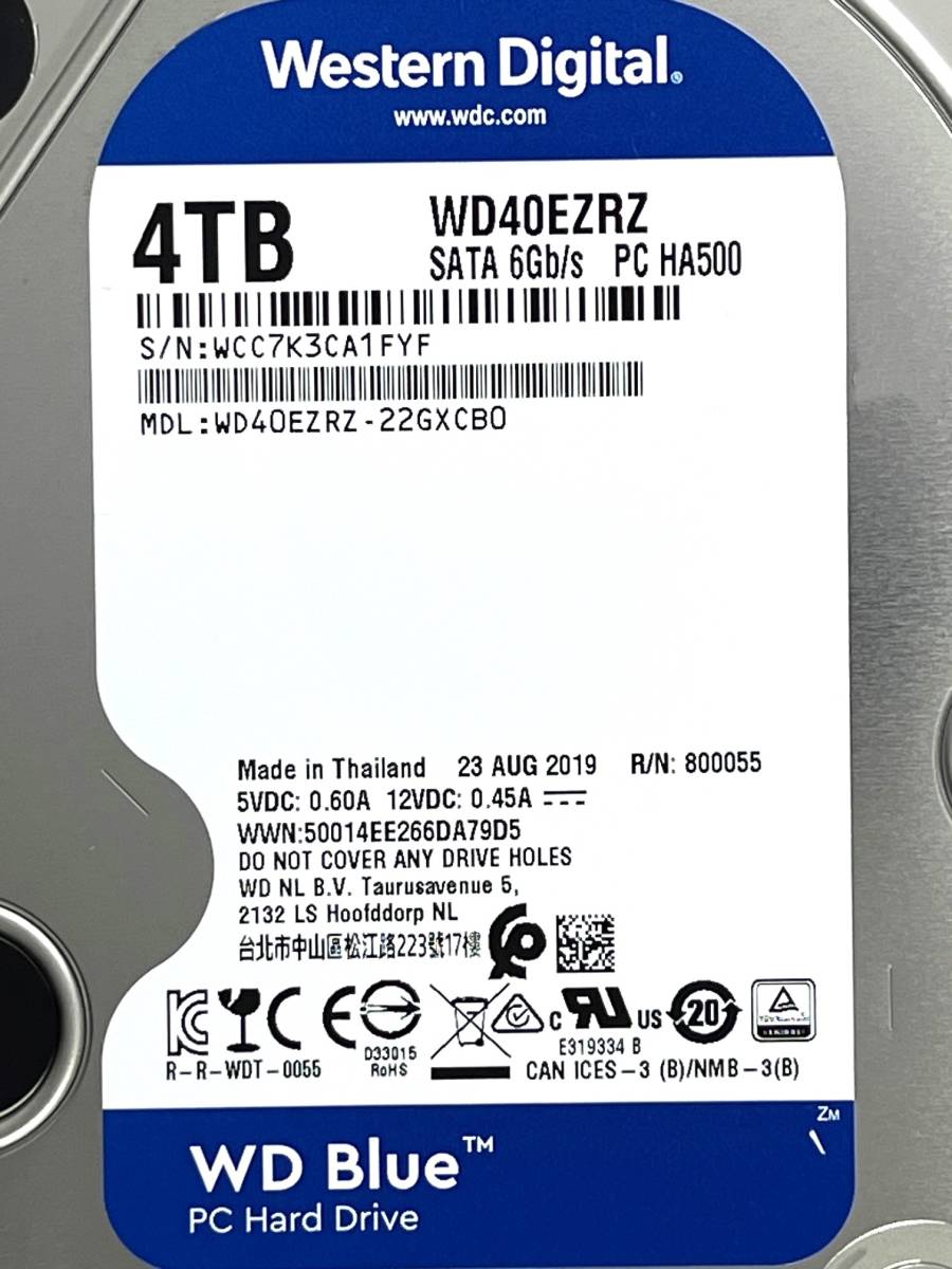 【送料無料】　★ 4TB ★　WD Blue　/　WD40EZRZ　【使用時間：20 ｈ】2019年製　新品同様　3.5インチ内蔵HDD　Western Digital Blue　SATA