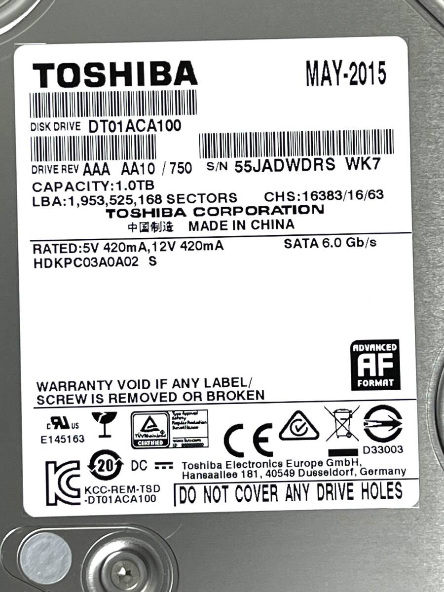 【送料無料】 ★ 1TB ★ TOSHIBA / DT01ACA100 【使用時間： 67 ｈ】 2015年製 稼働極少 3.5インチ 内蔵HDD SATA600/7200rpmの画像3