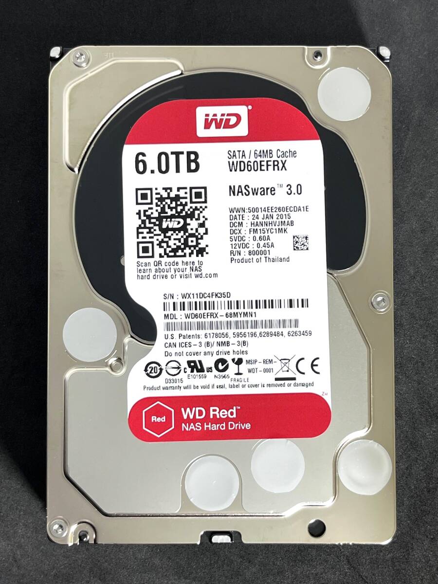 【送料無料】　★ 6TB ★　WD Red　/　WD60EFRX　【使用時間：141ｈ】稼働少　2015年製 Western Digital RED　3.5インチ 内蔵HDD SATA