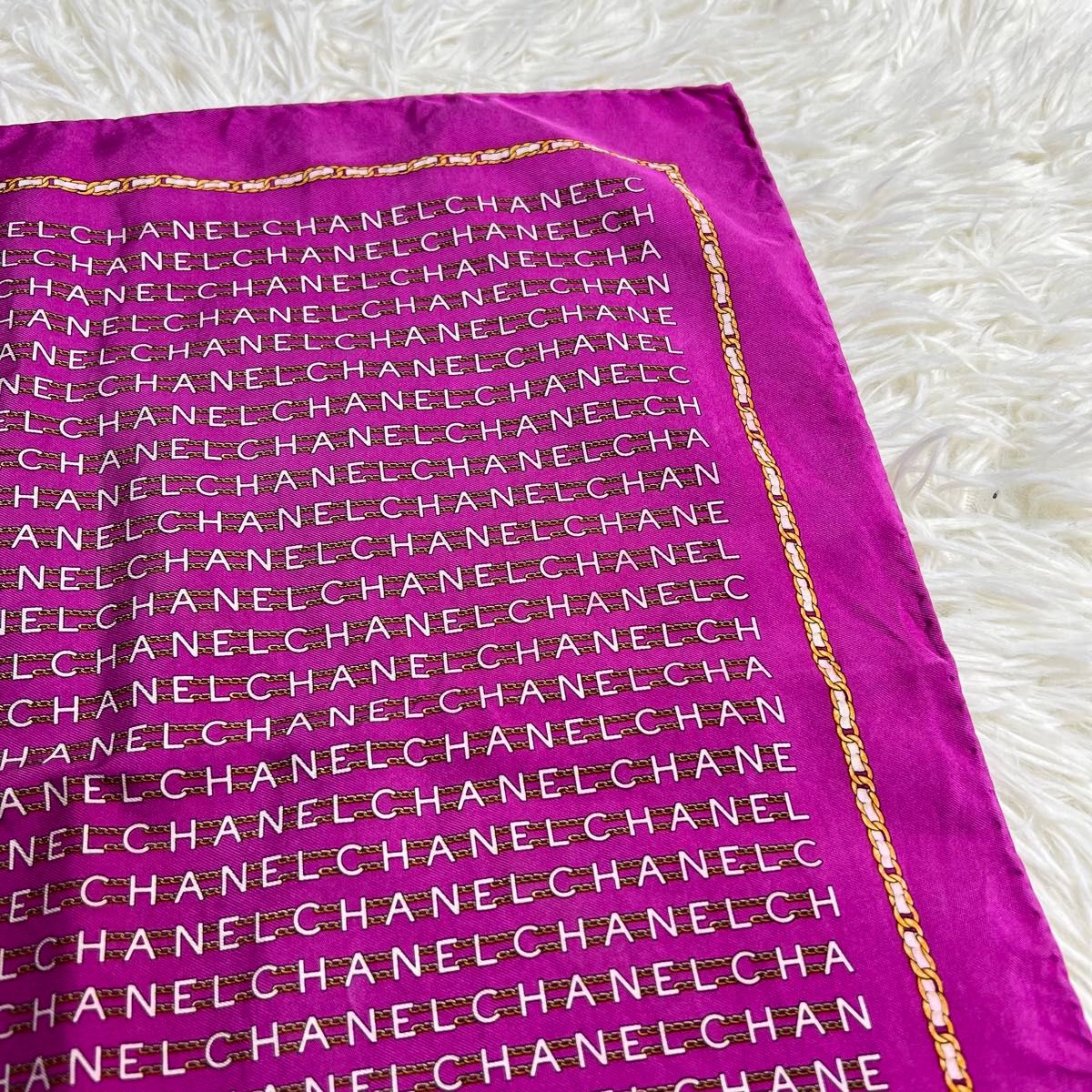 CHANEL シャネル スカーフ シルク チェーン チェーン ピンク 総柄 ストール ビンテージ ファッション小物 バンダナ 