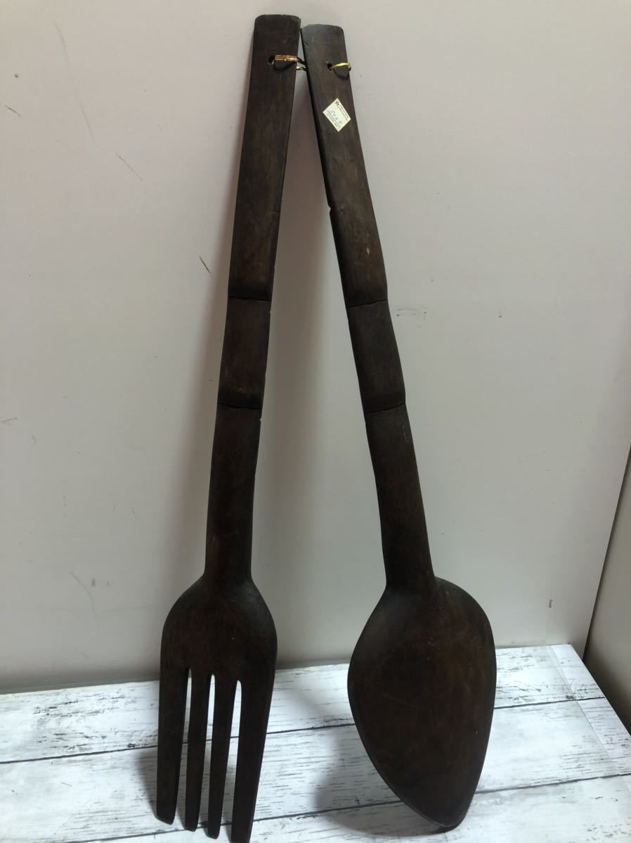 24M01-74N：Wood Spoon & Fork / 木製 スプーン & フォーク 約69ｃｍ インテリアディスプレイ アンティーク_画像4