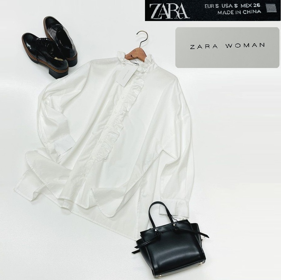 未使用品 /S/ ZARA ホワイト フリル長袖ブラウス レディース タグ カジュアル 羽織り 通勤 フェミニン 大人可愛い ガーリー デイリー ザラ_画像1