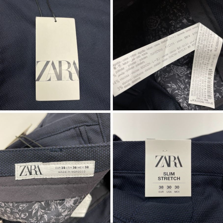 未使用品 /38/ ZARA ネイビー スリムストレッチパンツ メンズ タグ オフィスカジュアル ビジネス フォーマル ボトム 通勤花柄デイリー ザラ