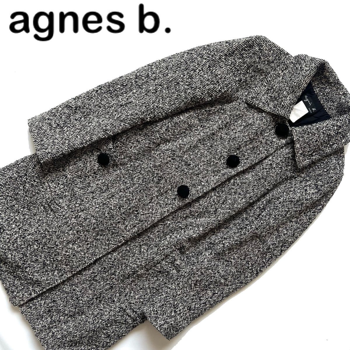 [ free shipping ]agnes b. Agnes B tweed long coat lady's winter thing 36 outer jacket turn-down collar coat 