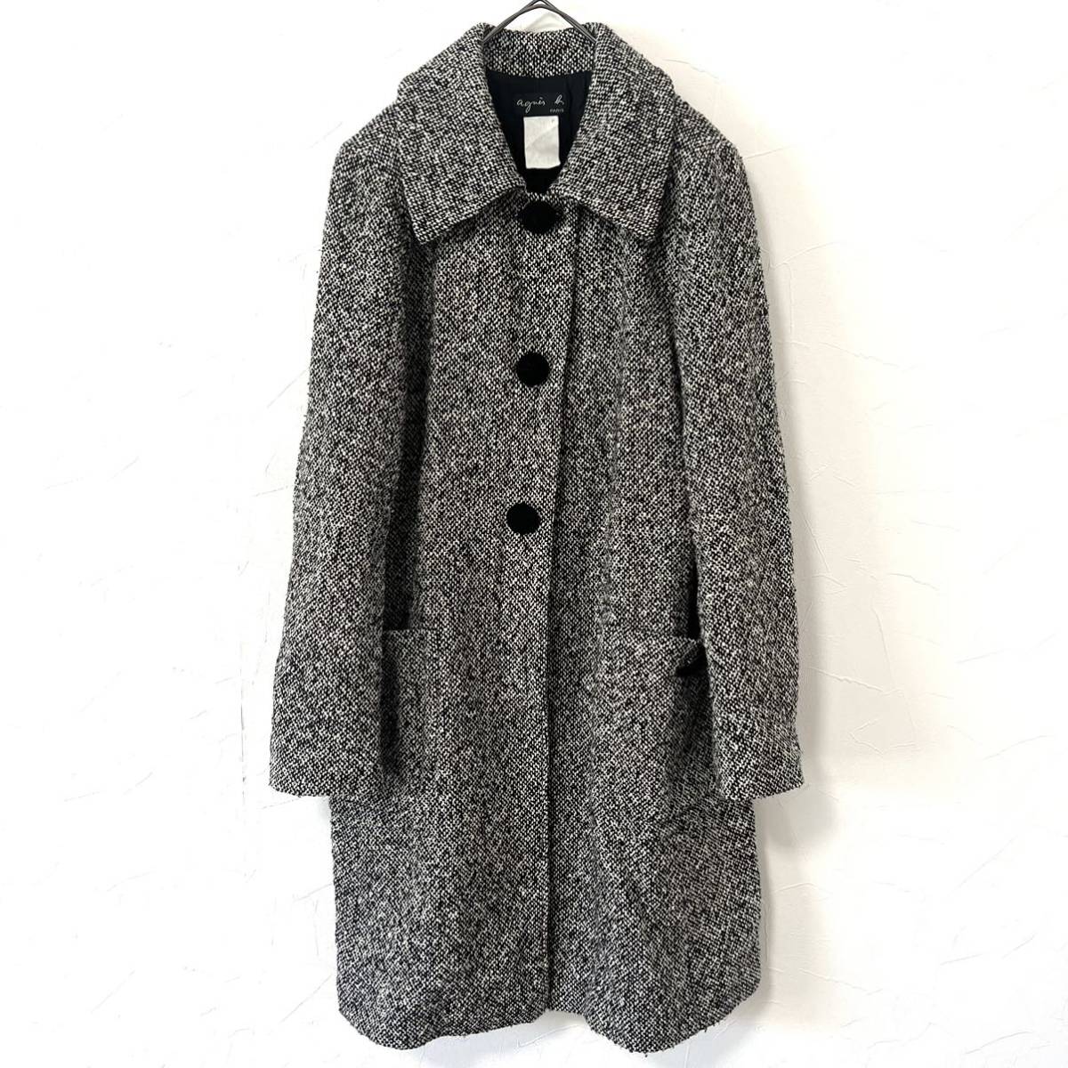 [ free shipping ]agnes b. Agnes B tweed long coat lady's winter thing 36 outer jacket turn-down collar coat 