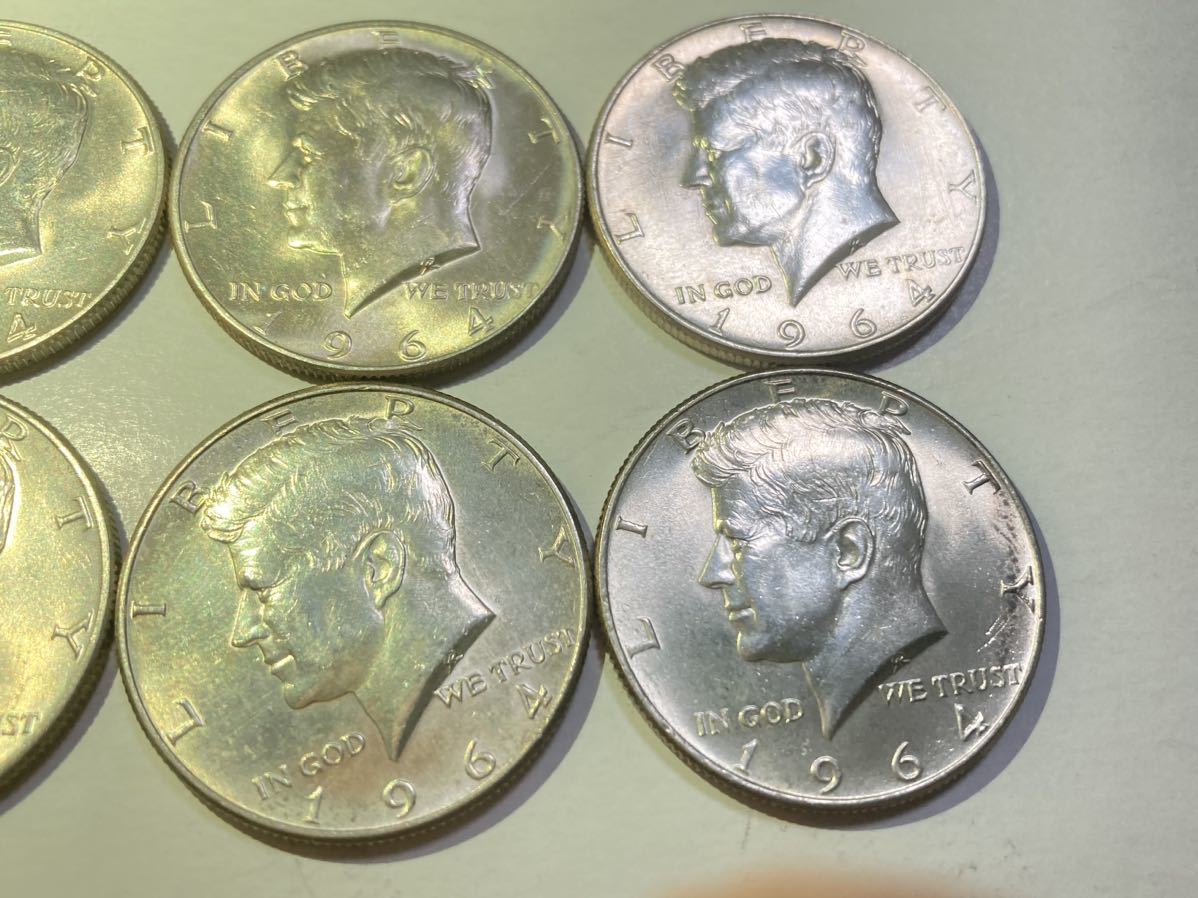 アメリカ　50セント銀貨　ハーフダラー　1964年　未使用　まとめて6枚セット　希少　レアコイン　古銭　北米　外国コイン　海外_画像4