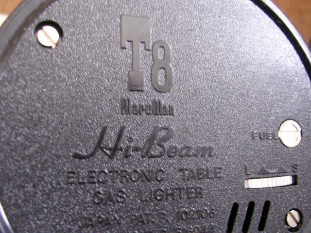 ■T8 マルマン テーブルガスライター Hi-Beam 火花確認品 ガラスに微細な欠けあり JUNK_銘板