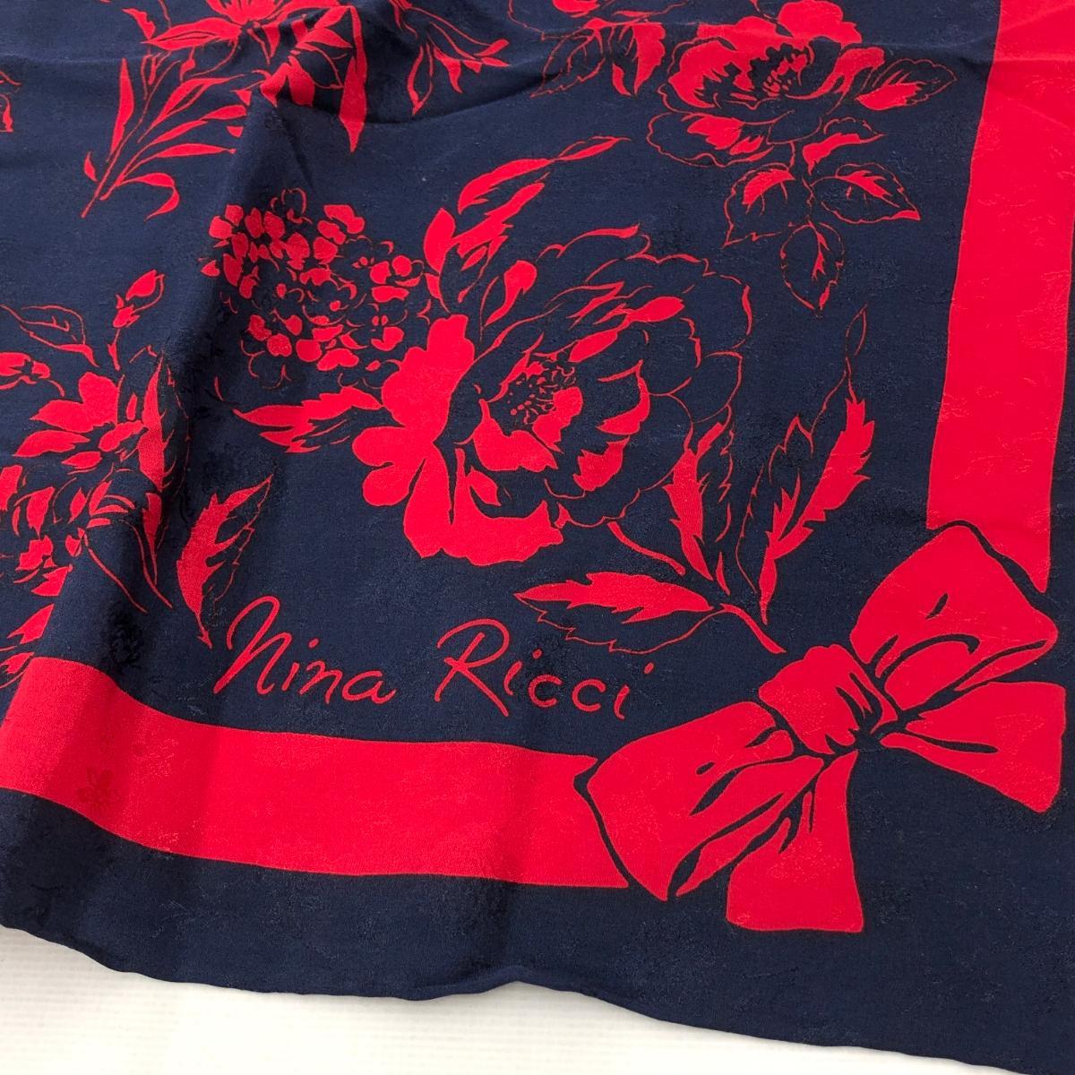 良好◆NINA RICCI ニナリッチ 大判スカーフ◆ レッド/ネイビー シルク100％ 花柄 リボン レディース スカーフ カレ 絹 服飾小物_画像3