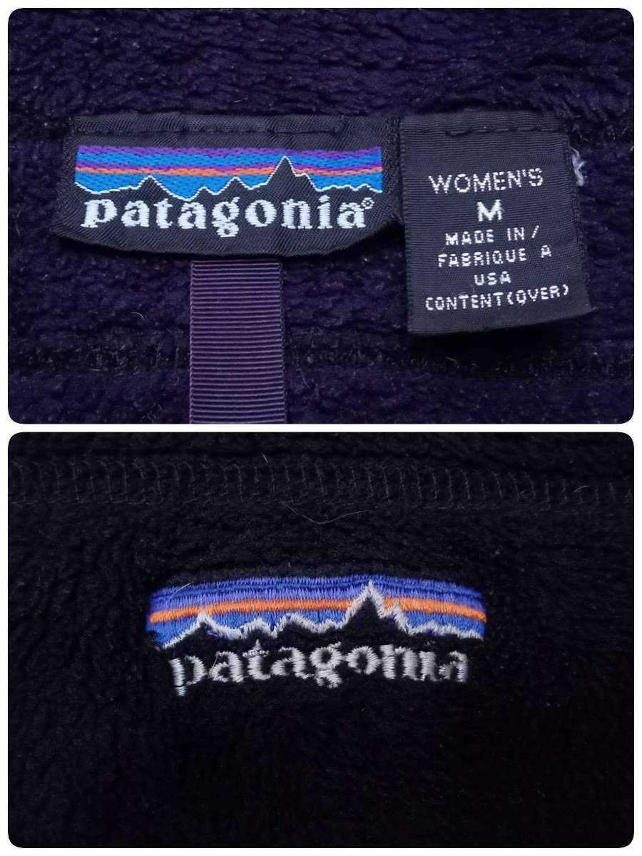 ★H056 patagonia パタゴニア フリース ジャケット レディースM アメリカ製 フワフワ生地 ボア ロゴ刺繍 黒 _画像4