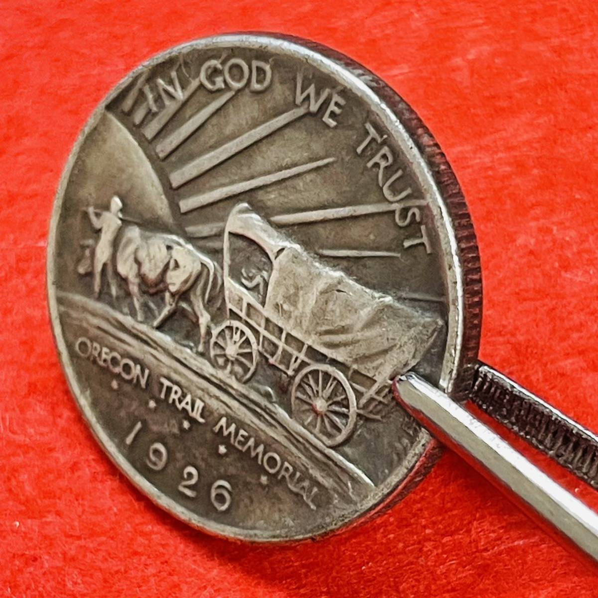 アメリカ 硬貨 古銭 ネイティブ アメリカン 1926年 オレゴン州遷移記念 荷馬車 米国の地図 大陸横断 コイン　重14.13g_画像4