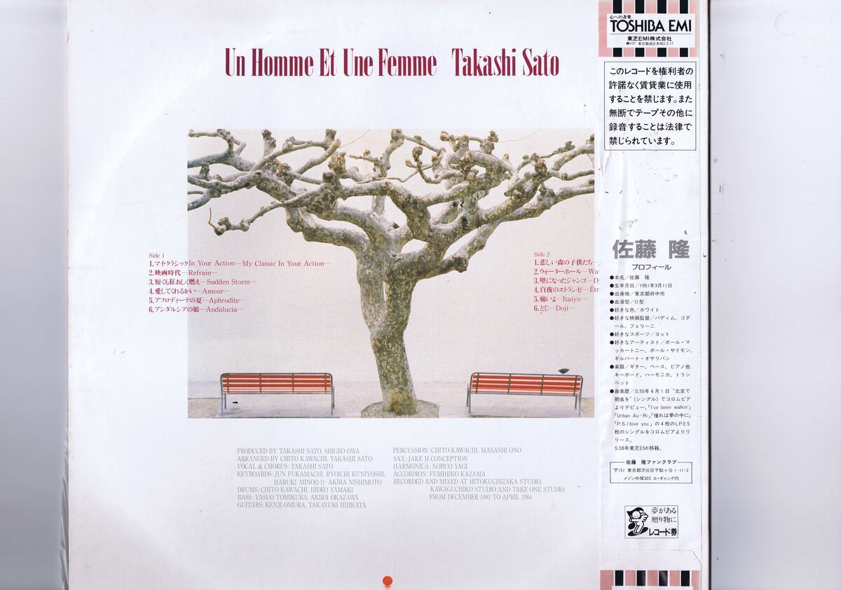 盤質新品同様 国内盤 LP Takashi Sato / Un Homme Et Une Femme / 佐藤隆 男と女 帯付 インサート付 WTP-90285_画像2