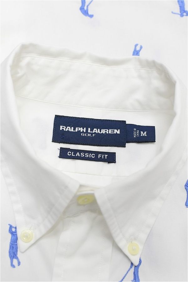 N295/美品 ヴィンテージ 90s RALPH LAUREN GOLF クラシックフィット 長袖ドレスシャツ 総柄 刺繍 ボタンダウン M 白 ナイガイ_画像6