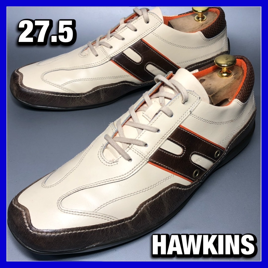 管理F5■Hawkins Sport 27.5cm メンズ スニーカー クリーム 茶 ブラウン ホーキンス 革靴 レザー シューズ 本革 カジュアル 中古 *BA016の画像1