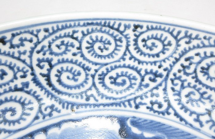 [G0650] old fine art Edo era old Imari blue and white ceramics . Tang . writing large plate one shaku three size era guarantee 