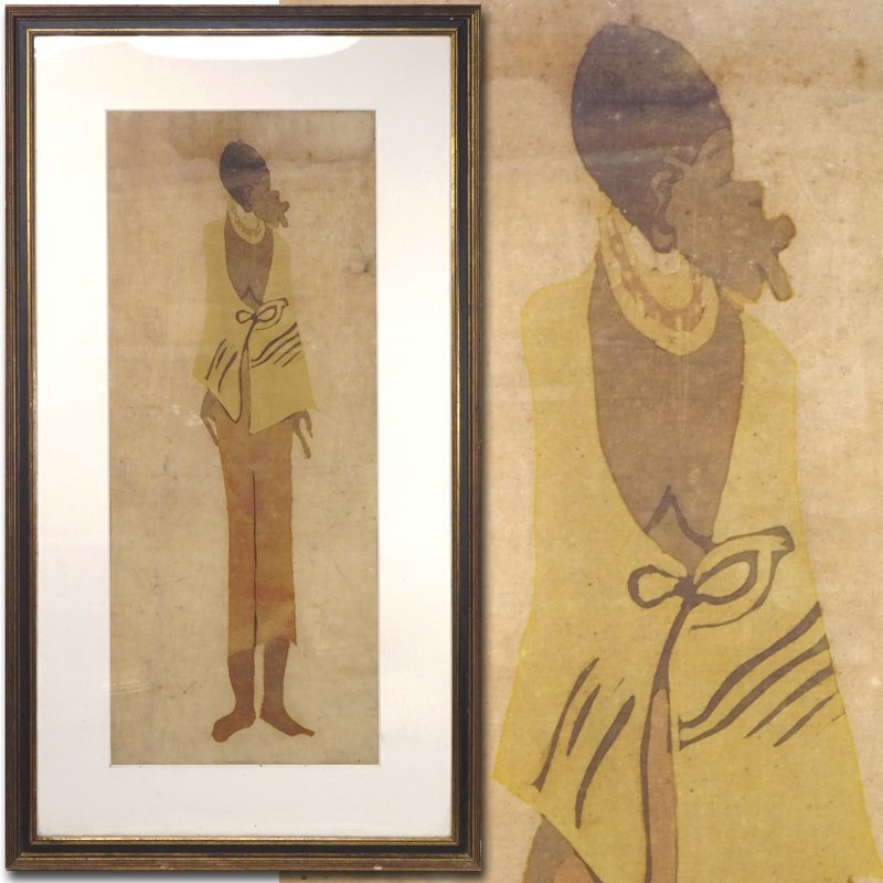 慶應◆19世紀 アフリカ古美術 原住民芸術 泥染 女性像 古布 染色画 額装 プリミティブアート 古裂アート_画像1