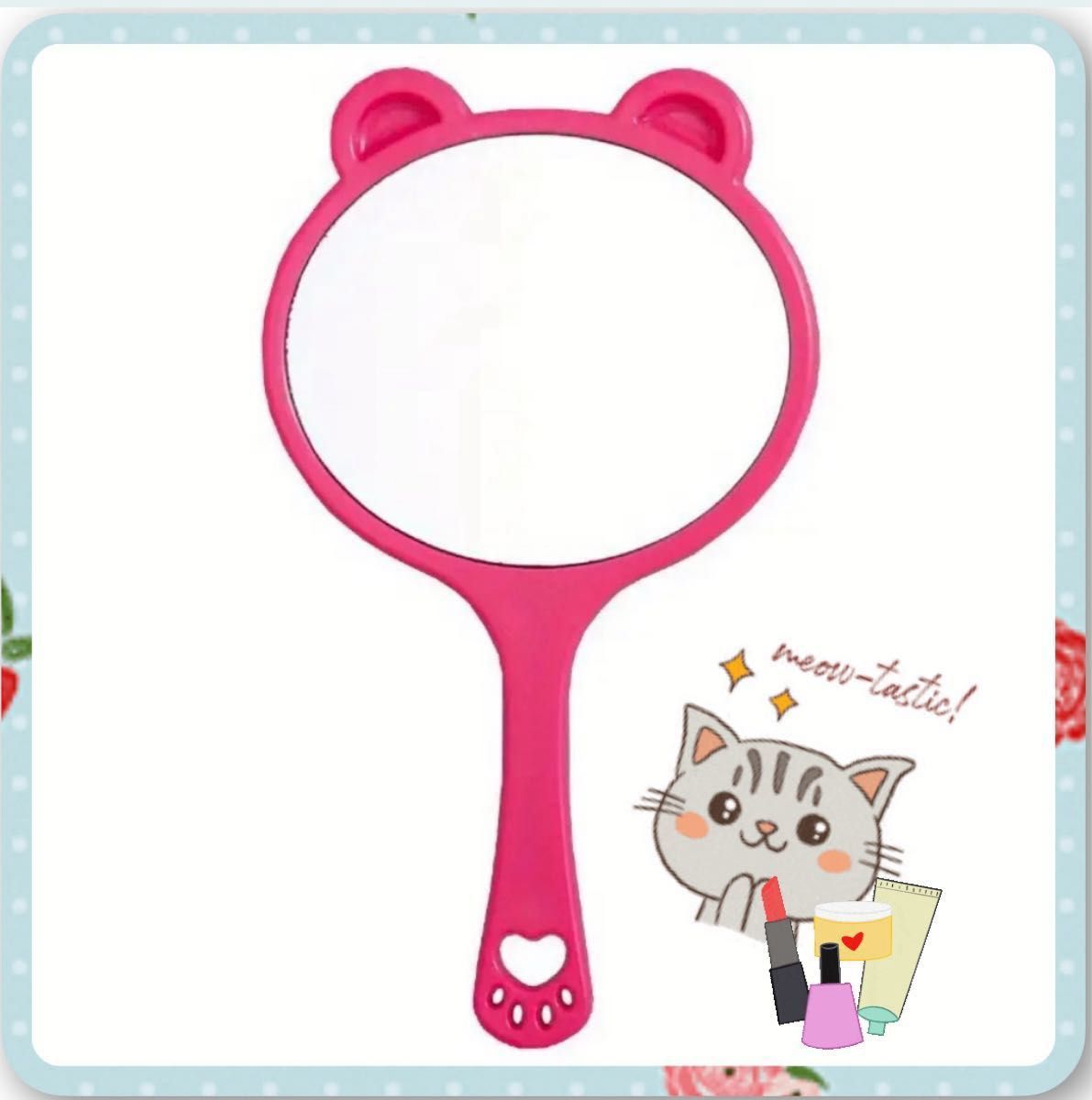 猫　手鏡　ハンドミラー　ピンク色