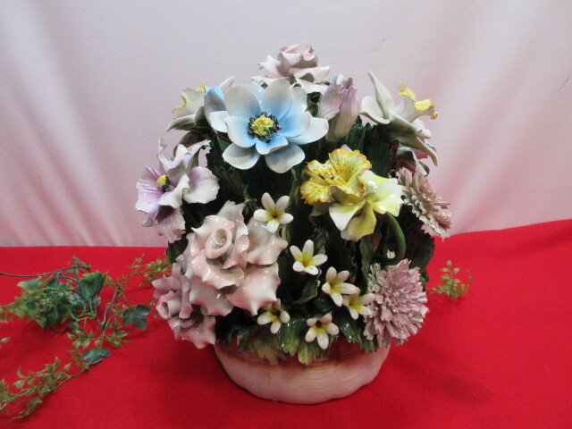 14M6803 陶花 置物 陶器 花インテリア H43cm フラワーバスケット 陶器製