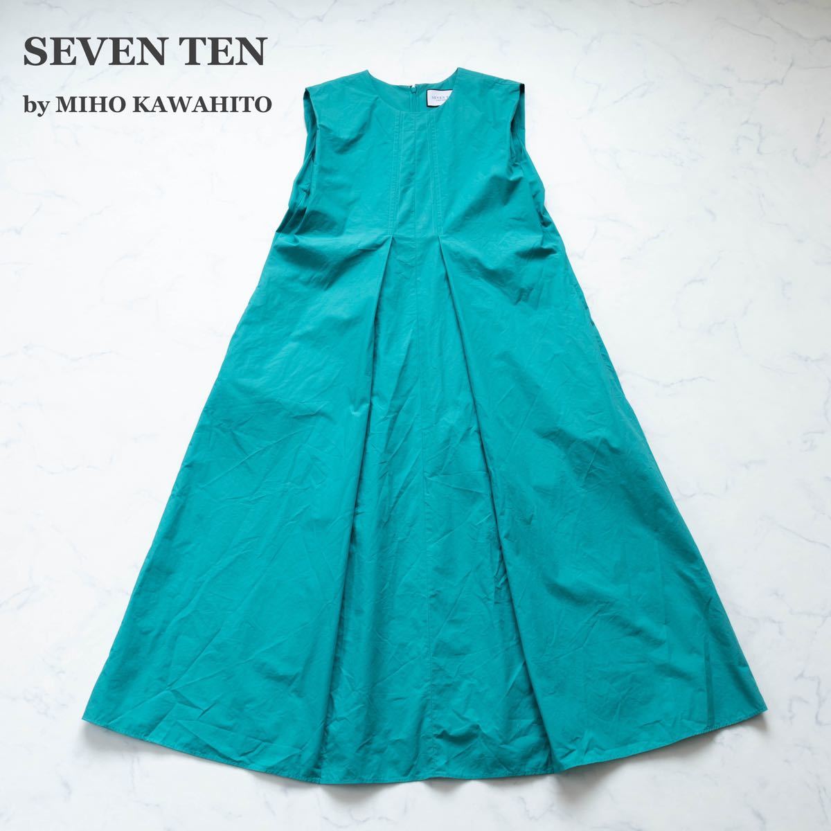 【SEVEN TEN】セブンテン　ノースリーブワンピース　ロング丈　ターコイズブルー　日本製_画像1